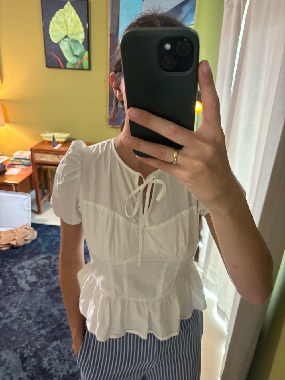 White Peplum Tie-Neck Puff Sleeve Top - Women